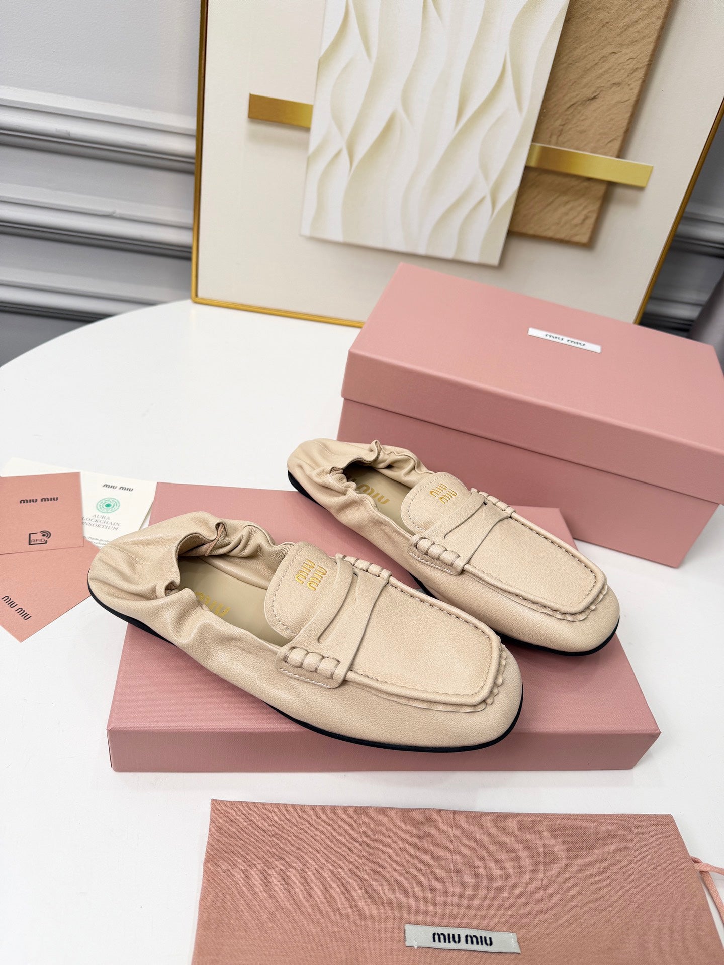MIUMIU 26S RUCHES LOAFERS IN BEIGE LAMBSKIN