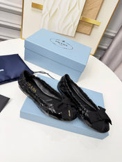 PRADA 26S BALLERINA FLATS IN BLACK CALFSKIN WITH BOW