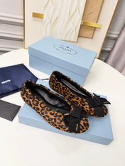 PRADA 26S BALLERINA FLATS IN BROWN LEOPARD PRINT PONY HAIR WITH BOW