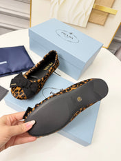 PRADA 26S BALLERINA FLATS IN BROWN LEOPARD PRINT PONY HAIR WITH BOW
