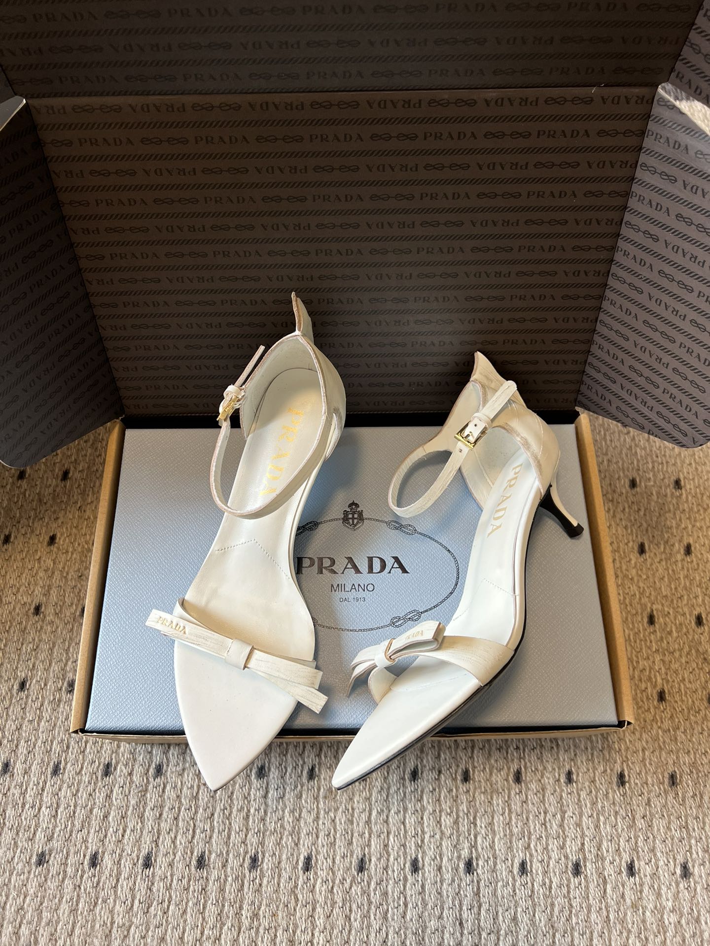 PRADA 26S POINTED-TOE STRAPPY HIGH-HEEL SANDALS 60MM IN CREAM WHITE CALFSKIN