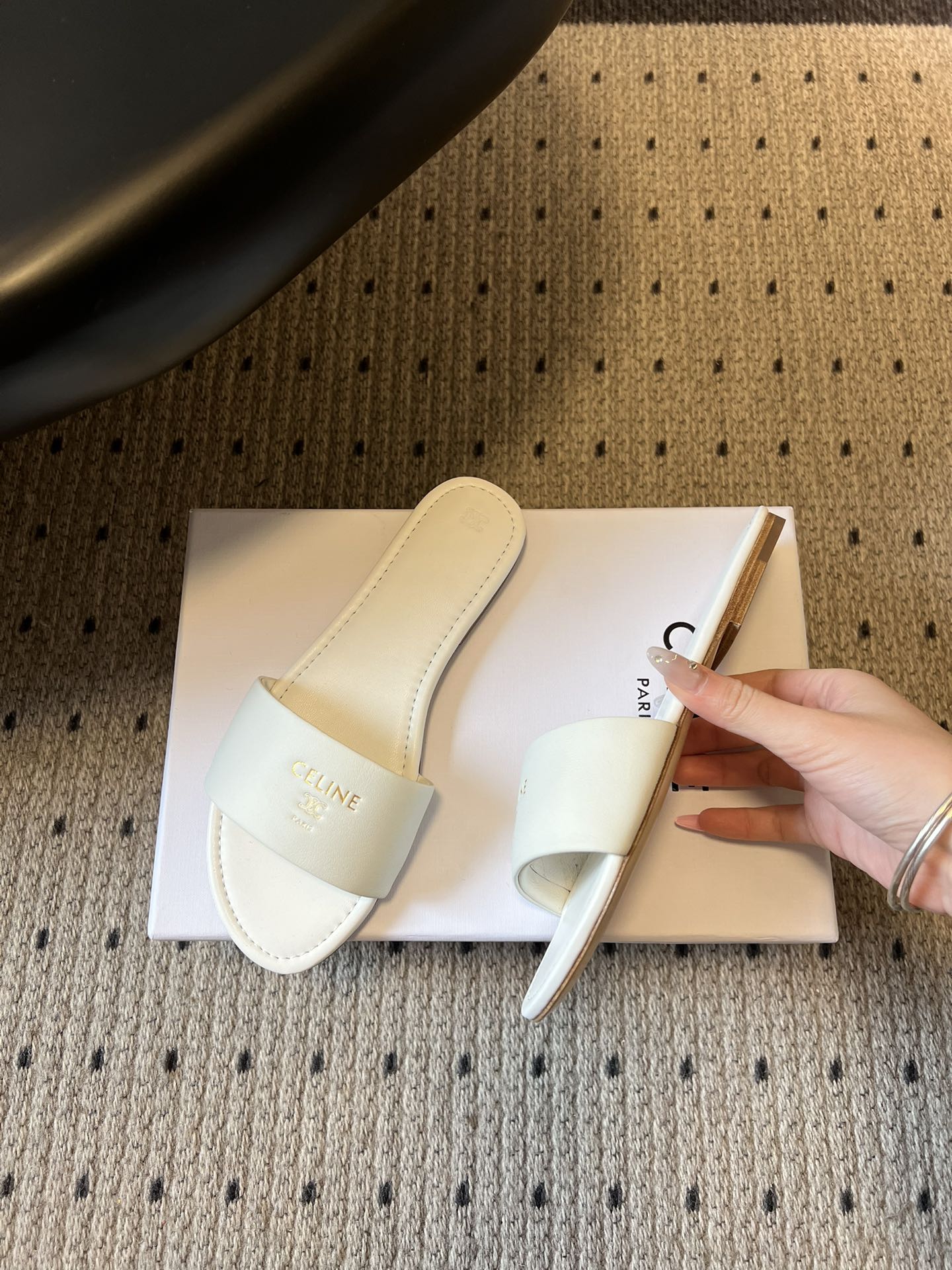 CELINE 26S FLAT SLIDES IN WHITE LAMBSKIN