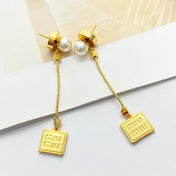 MIUMIU 26S PEARL BAR DROP LOGO EARRINGS IN GOLD TONE METAL 629846