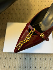 BALMAIN 26S GOLD CHAIN HIGH HEEL MULES 45 MM IN DARK RED PATENT CALFSKIN