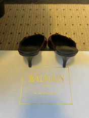 BALMAIN 26S GOLD CHAIN HIGH HEEL MULES 45 MM IN DARK RED PATENT CALFSKIN