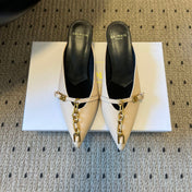 BALMAIN 26S GOLD CHAIN HIGH HEEL MULES 45 MM IN BEIGE CALFSKIN