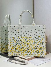 DIOR 26S BOOK TOTE BAG 42 IN WHITE FLORAL EMBROIDERY BAYADERE FABRIC