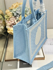 DIOR 26S BOOK TOTE BAG 36 IN BLUE AND WHITE LACE BAYADERE FABRIC