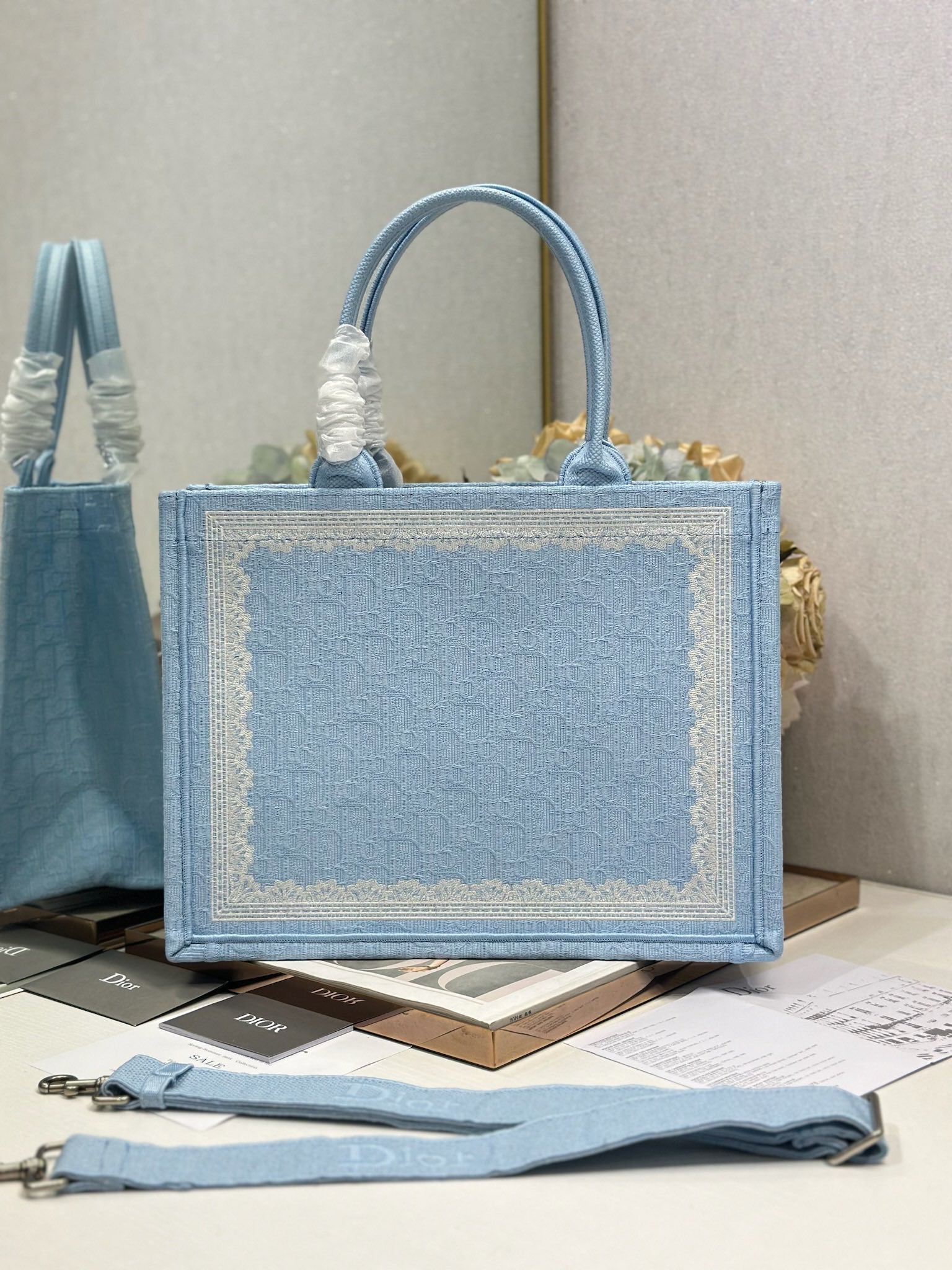 DIOR 26S BOOK TOTE BAG 36 IN BLUE AND WHITE LACE BAYADERE FABRIC