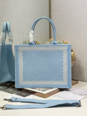 DIOR 26S BOOK TOTE BAG 36 IN BLUE AND WHITE LACE BAYADERE FABRIC