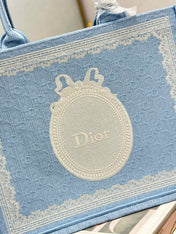 DIOR 26S BOOK TOTE BAG 36 IN BLUE AND WHITE LACE BAYADERE FABRIC