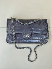 CHANEL 26S CLASSIC FLAP BAG IN DARK BLUE CROCODILE-EMBOSSED MATERIAL