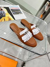 OZ MULE CARAMEL MIX FRINGED WHITE CALFSKIN