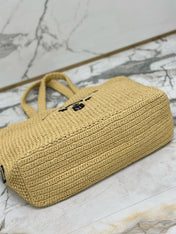 Prada 40 Cm Raffia Crochet Neutral Straw Tote Bag