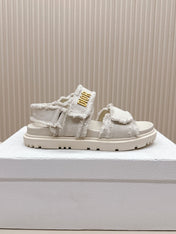 D-SANDAL IN WHITE CANVAS GOLD HARDWARE
