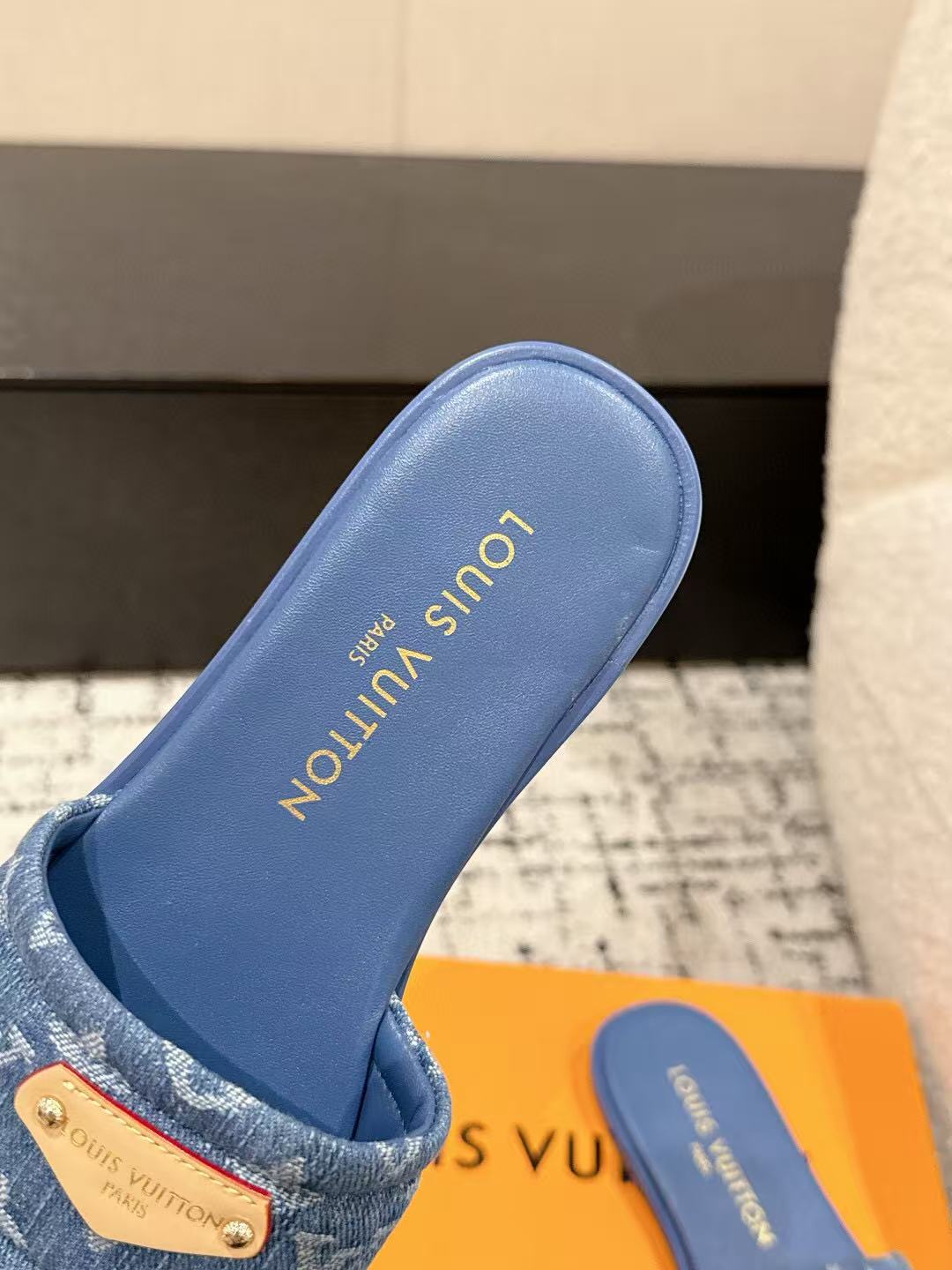 LV FLAT MULES BLUE IN BLUE DENIM GOLD-TONE PLAQUE