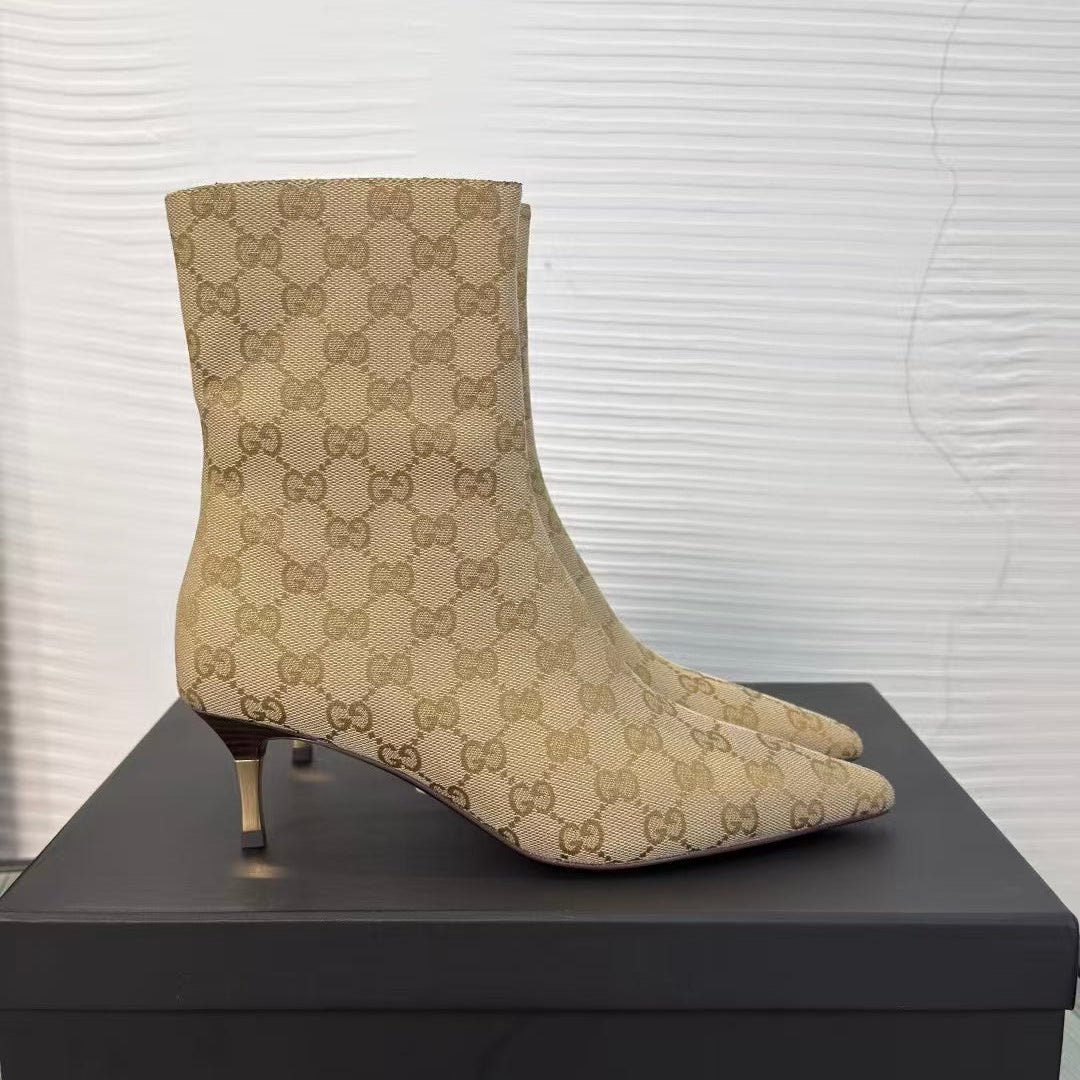 GUCCI 26S GG MONOGRAM POINTED-TOE ANKLE BOOTS 55MM IN BEIGE CANVAS