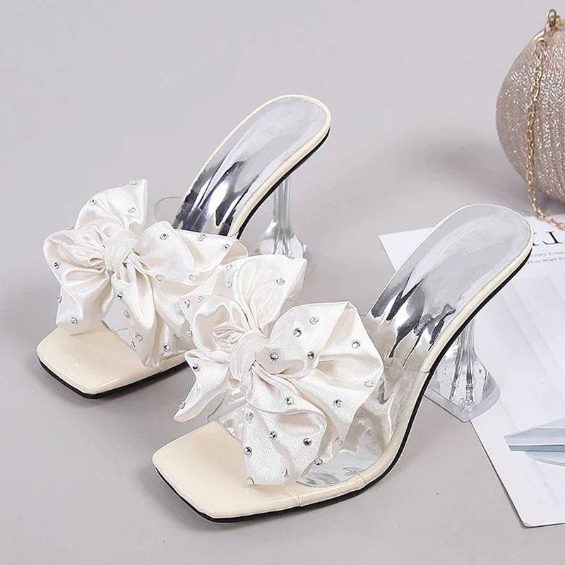 Crystal Bow PVC Transparent Heels - Open Toe Slides