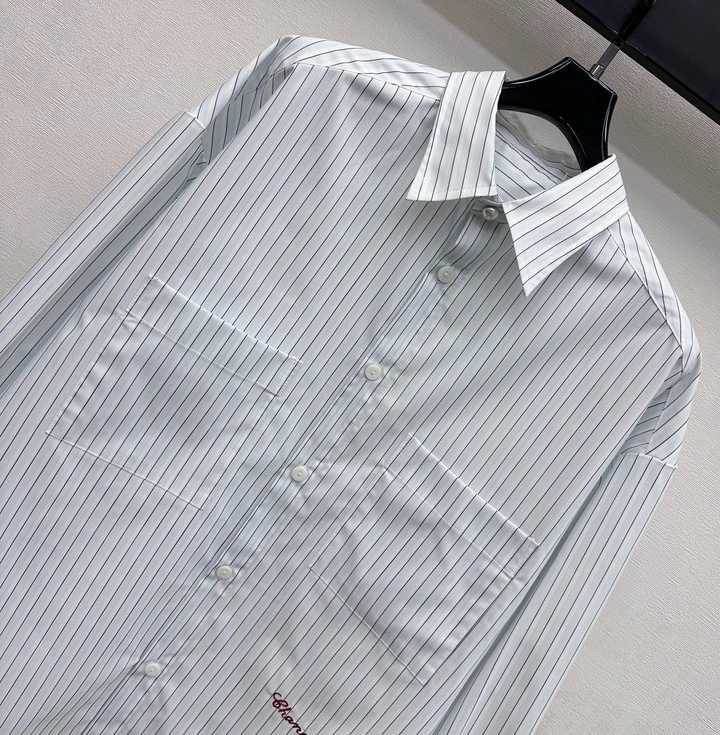 CHANEL STRIPED EMBROIDERED LOGO SHIRT WITH VERTICAL STRIPES