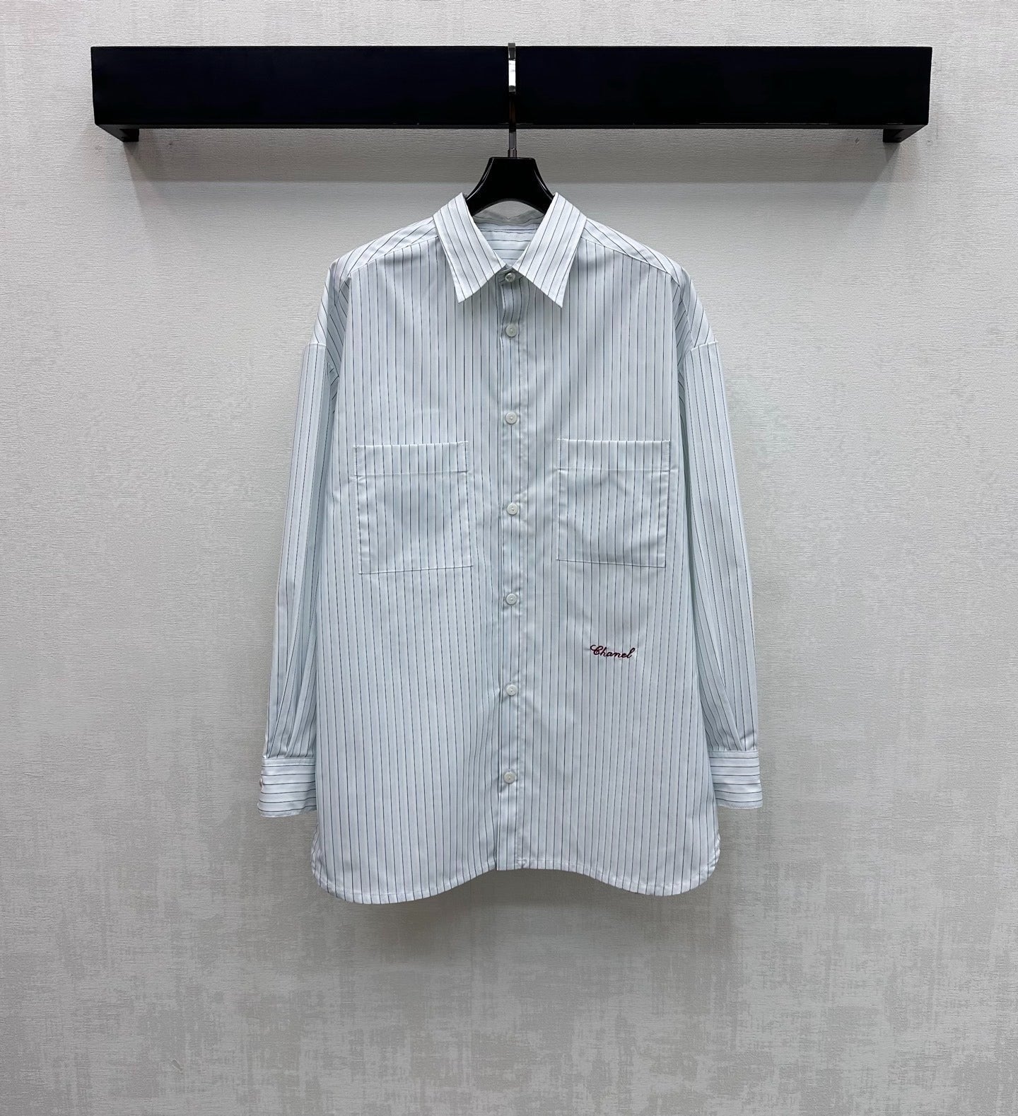 CHANEL STRIPED EMBROIDERED LOGO SHIRT WITH VERTICAL STRIPES