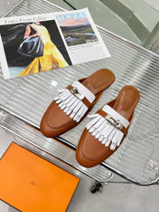 OZ MULE CARAMEL MIX FRINGED WHITE CALFSKIN