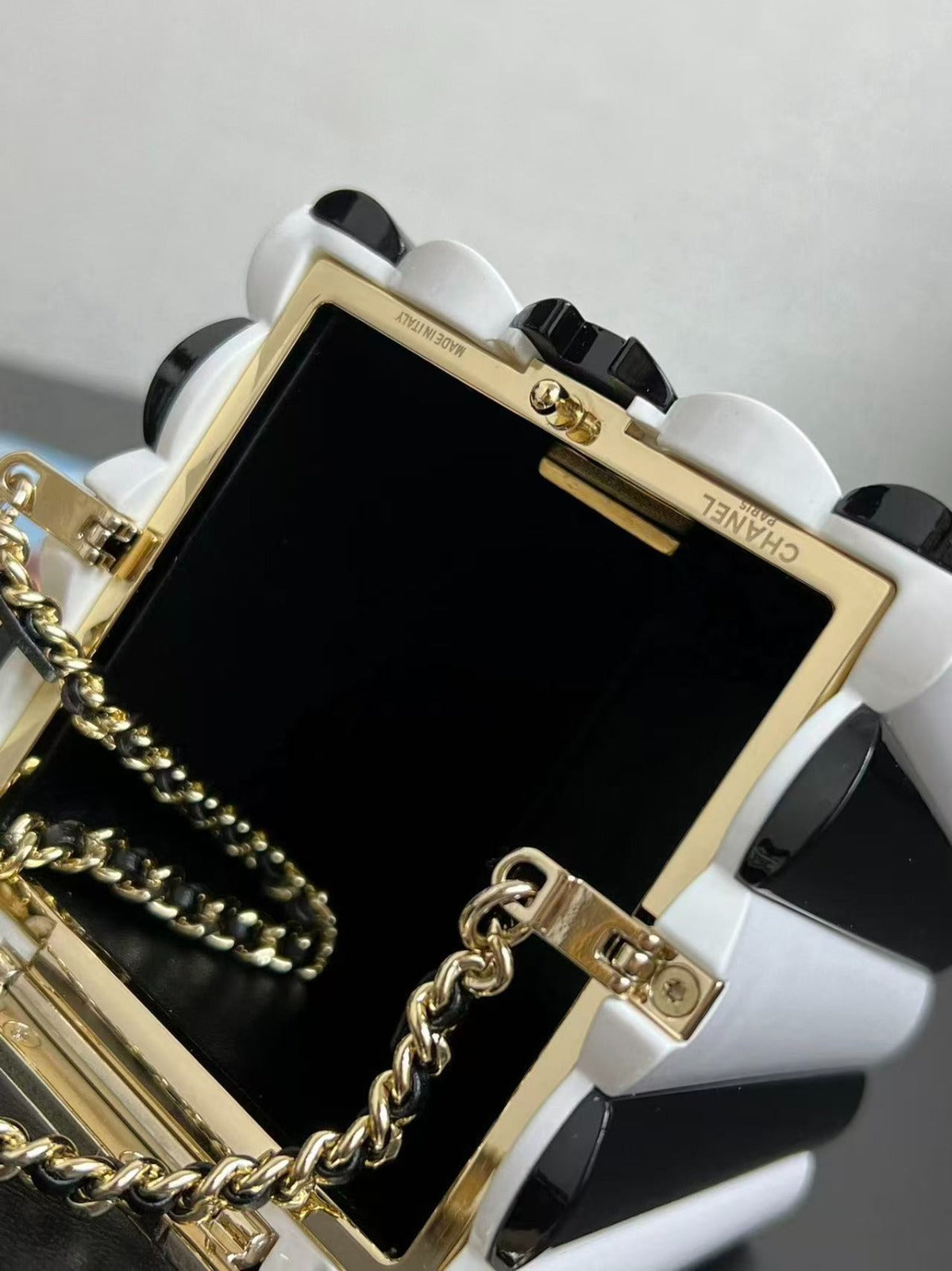 CHANEL 26S POP COCO CLUTCH IN BLACK & WHITE PATENT LEATHER