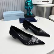 PRADA 26S POINTED TOE PUMPS 40MM IN BLACK SATIN CRYSTAL EMBELLISHED