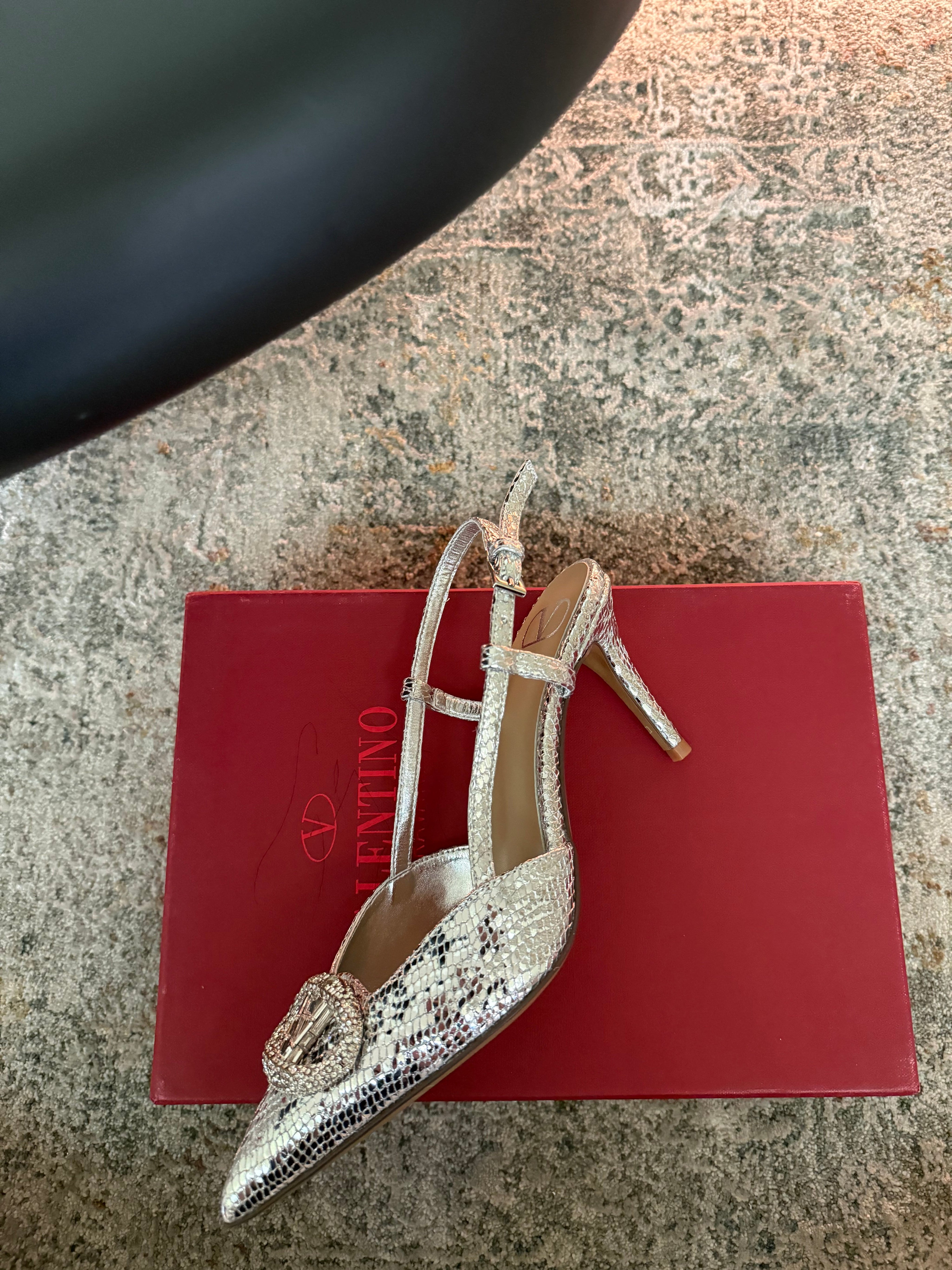 VALENTINO 26S SLINGBACKS 75 MM IN METALLIC SILVER SNAKESKIN