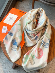 HERMES 26S PRINTED SQUARE SCARF 135 IN CASHMERE AND SILK 307240
