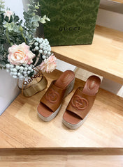 HIGH 10CM WEDGE SANDALS IN RUSSET BROWN SHEEPSKIN