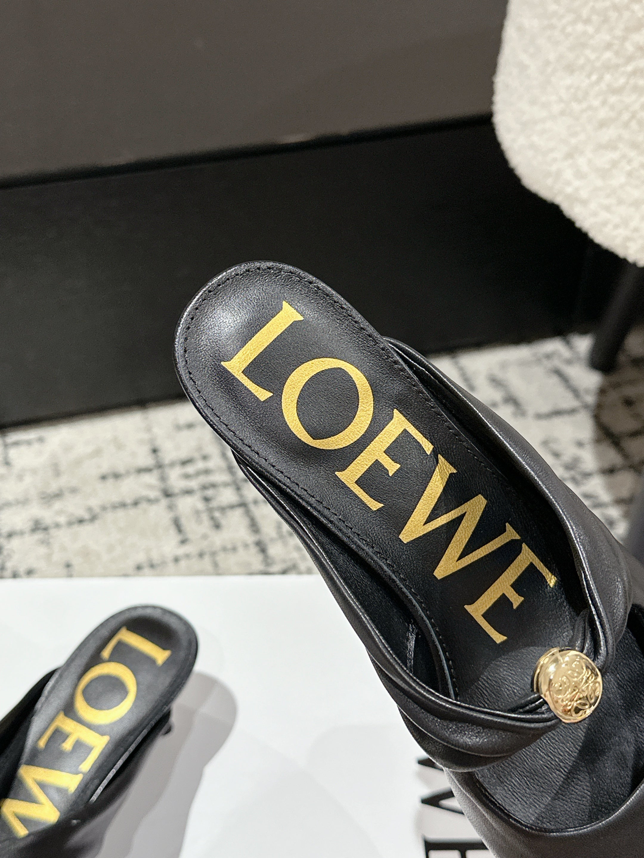 LOEWE 26S HIGH-HEELED MULES IN BLACK CALFSKIN