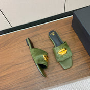 BALMAIN 26S LIP-EMBELLISHED SLIDES IN OLIVE GREEN PONY HAIR WITH GOLD HARDWARE