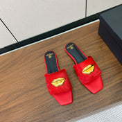 BALMAIN 26S LIP-EMBELLISHED SLIDES IN RED PONY HAIR WITH GOLD HARDWARE