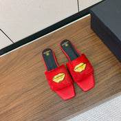 BALMAIN 26S LIP-EMBELLISHED SLIDES IN RED PONY HAIR WITH GOLD HARDWARE