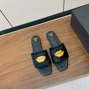 BALMAIN 26S LIP-EMBELLISHED SLIDES IN BLACK PONY HAIR WITH GOLD HARDWARE