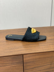 BALMAIN 26S LIP-EMBELLISHED SLIDES IN BLACK PONY HAIR WITH GOLD HARDWARE