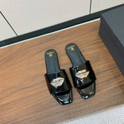 BALMAIN 26S LIP-EMBELLISHED SLIDES IN BLACK PATENT CALFSKIN WITH SILVER HARDWARE