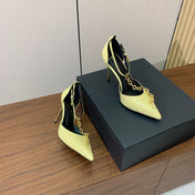 BALMAIN 26S CHAIN HIGH HEELS 95 MM IN PASTEL YELLOW PATENT CALFSKIN