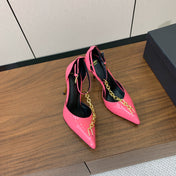BALMAIN 26S CHAIN HIGH HEELS 95 MM IN PINK PATENT CALFSKIN