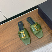 BALMAIN 26S B-BELT FLAT SANDALS IN OLIVE GREEN CALFSKIN AND PONY HAIR