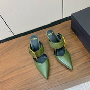 BALMAIN 26S HIGH-HEELED MULES 95 MM IN OLIVE GREEN CALFSKIN AND PONY HAIR
