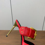 BALMAIN 26S HIGH-HEELED MULES 95 MM IN RED CALFSKIN AND PONY HAIR