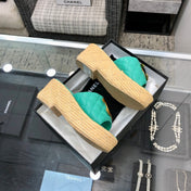 THICK SOLE WEDGE SLIPPERS IN PERSIAN GREEN LAMBSKIN AND BEIGE RUBBER