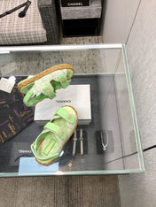 VELCRO SANDALS IN GREEN PASTEL LAMBSKIN AND TWEED FABRIC