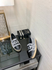 ESPADRILLE COLORFUL TWEED FABRIC AND BLACK CALFSKIN FLATS
