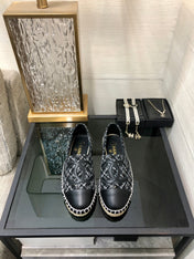 ESPADRILLE BLACK MIX WHITE TWEED FABRIC AND CALFSKIN FLATS