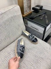 ESPADRILLE BLACK MIX WHITE TWEED FABRIC AND CALFSKIN FLATS 185046