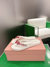 MIUMIU 26S THONG SANDALS IN WHITE EVA PINK CRYSTAL-EMBELLISHED