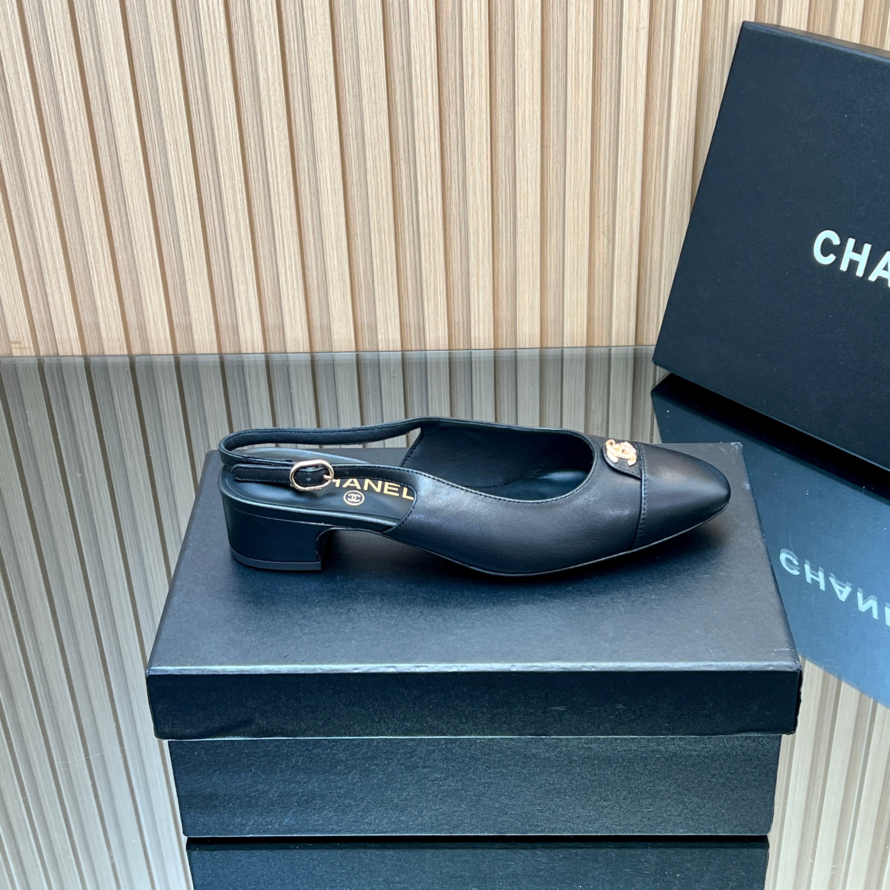 CHANEL 25S SLINGBACK SHOE 45MM IN BLACK CALFSKIN GOLD HARDWARE
