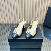 CHANEL 25S SLINGBACK SHOE LOGO 65MM IN BEIGE CALFSKIN GOLD HARDWARE